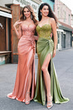 Sparkly Army Green Mermaid Corset Lace Up Back Long Prom Dress with Slit