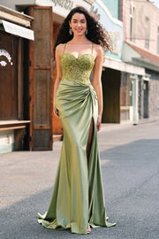 Sparkly Army Green Mermaid Corset Lace Up Back Long Prom Dress with Slit