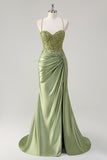 Stylish Army Green Mermaid Pleated Appliqued Prom Dress with Slit