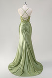 Stylish Army Green Mermaid Pleated Appliqued Prom Dress with Slit