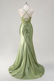 Sparkly Army Green Mermaid Corset Lace Up Back Long Prom Dress with Slit