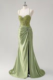 Stylish Army Green Mermaid Pleated Appliqued Prom Dress with Slit