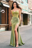 Sparkly Army Green Mermaid Corset Lace Up Back Long Prom Dress with Slit