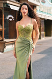 Sparkly Army Green Mermaid Corset Lace Up Back Long Prom Dress with Slit