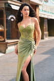 Sparkly Army Green Mermaid Corset Lace Up Back Long Prom Dress with Slit