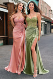 Stylish Dusty Rose Mermaid Spaghetti Straps Pleated Appliqued Prom Dress with Slit