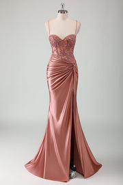 Stylish Dusty Rose Mermaid Spaghetti Straps Pleated Appliqued Prom Dress with Slit