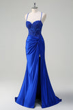 Stylish Royal Blue Mermaid Spaghetti Straps Pleated Appliqued Prom Dress with Slit