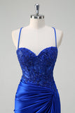 Stylish Royal Blue Mermaid Spaghetti Straps Pleated Appliqued Prom Dress with Slit