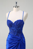 Stylish Royal Blue Mermaid Spaghetti Straps Pleated Appliqued Prom Dress with Slit