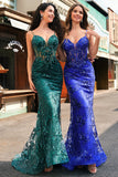 Dark Green Mermaid Spaghetti Straps Corset Sparkly Sequin Long Prom Dress