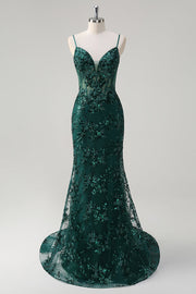 Dark Green Mermaid Spaghetti Straps Corset Sparkly Sequin Long Prom Dress