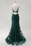 Dark Green Mermaid Spaghetti Straps Corset Sparkly Sequin Long Prom Dress