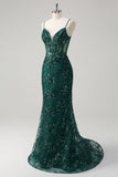 Dark Green Mermaid Spaghetti Straps Corset Sparkly Sequin Long Prom Dress