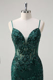 Dark Green Mermaid Spaghetti Straps Corset Sparkly Sequin Long Prom Dress