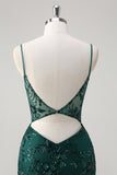 Dark Green Mermaid Spaghetti Straps Corset Sparkly Sequin Long Prom Dress