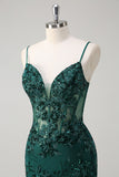 Dark Green Mermaid Spaghetti Straps Corset Sparkly Sequin Long Prom Dress