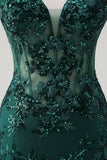 Dark Green Mermaid Spaghetti Straps Corset Sparkly Sequin Long Prom Dress