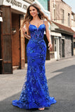 Sparkly Royal Blue Mermaid Spaghetti Straps Corset Sequin Long Prom Dress with Embroidery