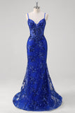 Sparkly Royal Blue Mermaid Spaghetti Straps Corset Sequin Long Prom Dress with Embroidery