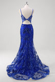 Sparkly Royal Blue Mermaid Spaghetti Straps Corset Sequin Long Prom Dress with Embroidery