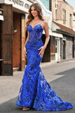 Sparkly Royal Blue Mermaid Spaghetti Straps Corset Sequin Long Prom Dress with Embroidery