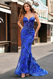 Sparkly Royal Blue Mermaid Spaghetti Straps Corset Sequin Long Prom Dress with Embroidery