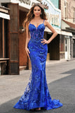 Sparkly Royal Blue Mermaid Spaghetti Straps Corset Sequin Long Prom Dress with Embroidery