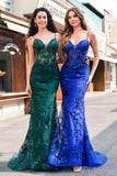 Sparkly Royal Blue Mermaid Spaghetti Straps Corset Sequin Long Prom Dress with Embroidery