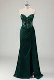 Glitter Dark Green Mermaid Strapless Pleated Corset Long Prom Dress with Slit