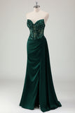 Glitter Dark Green Mermaid Strapless Pleated Corset Long Prom Dress with Slit