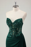 Glitter Dark Green Mermaid Strapless Pleated Corset Long Prom Dress with Slit