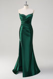 Dark Green Mermaid Strapless Pleated Sequin Satin Long Prom Dress with Slit