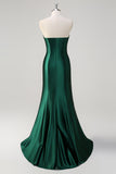 Dark Green Mermaid Strapless Pleated Sequin Satin Long Prom Dress with Slit