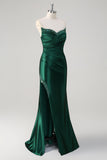 Dark Green Mermaid Strapless Pleated Sequin Satin Long Prom Dress with Slit