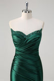 Dark Green Mermaid Strapless Pleated Sequin Satin Long Prom Dress with Slit