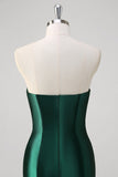 Dark Green Mermaid Strapless Pleated Sequin Satin Long Prom Dress with Slit