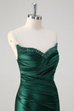 Dark Green Mermaid Strapless Pleated Sequin Satin Long Prom Dress with Slit