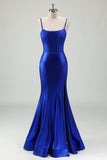 Sparkly Royal Blue Mermaid Lace Up Back Corset Long Prom Dress with Slit