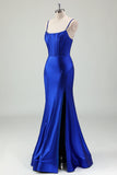 Sparkly Royal Blue Mermaid Lace Up Back Corset Long Prom Dress with Slit