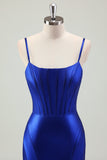 Sparkly Royal Blue Mermaid Lace Up Back Corset Long Prom Dress with Slit