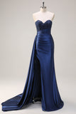 Navy Mermaid Sweetheart Side Streamer Ruched Corset Beaded Prom Dress With Slit