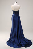 Navy Mermaid Sweetheart Side Streamer Ruched Corset Beaded Prom Dress With Slit