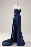 Navy Mermaid Sweetheart Side Streamer Ruched Corset Beaded Prom Dress With Slit