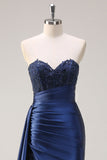 Navy Mermaid Sweetheart Side Streamer Ruched Corset Beaded Prom Dress With Slit