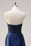 Navy Mermaid Sweetheart Side Streamer Ruched Corset Beaded Prom Dress With Slit