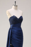 Navy Mermaid Sweetheart Side Streamer Ruched Corset Beaded Prom Dress With Slit