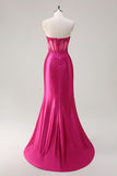 Sparkly Fuchsia Mermaid Strapless Sheer Corset Appliques Long Prom Dress with Slit