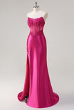 Sparkly Fuchsia Mermaid Strapless Sheer Corset Appliques Long Prom Dress with Slit