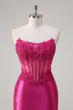 Sparkly Fuchsia Mermaid Strapless Sheer Corset Appliques Long Prom Dress with Slit